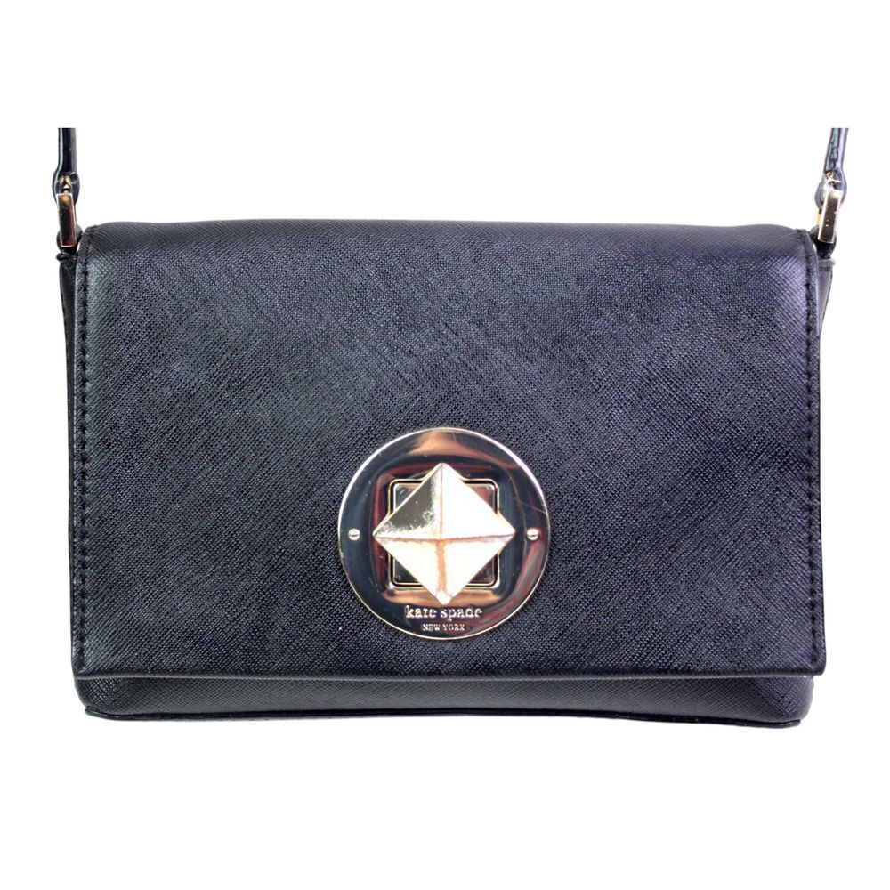 kate spade NY BLACK REAL LEATHER FLAP TURN LOCK SHOULDER BAG XBODY HANDBAG PURSE